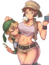  2girls bandana bare_shoulders belt black_belt blonde_hair breasts brown_hair brown_hat brown_shorts brown_vest cleavage closed_mouth collarbone commentary_request cowboy_shot crop_top fio_germi food food_in_mouth glasses grabbing_another&#039;s_stomach green_bandana green_eyes green_vest hair_between_eyes hand_on_another&#039;s_head hand_up hat holding holding_food holding_sandwich kasamoto_eri knee_pads large_breasts long_hair madsensei metal_slug midriff multiple_girls navel open_clothes open_vest ponytail red_eyes round_eyewear sandwich short_shorts shorts sidelocks simple_background stomach tank_top vest white_background white_tank_top wristband 