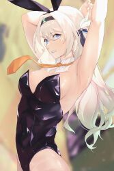  absurdres animal_ears armpits arms_behind_head black_hairband black_leotard blonde_hair blue_eyes blurry blurry_background breasts cleavage dakaeya detached_collar fake_animal_ears female firefly_(honkai:_star_rail) hair_between_eyes hair_ornament hairband highres honkai:_star_rail honkai_(series) leotard long_hair looking_at_viewer medium_breasts necktie orange_necktie parted_lips playboy_bunny rabbit_ears sideboob solo strapless strapless_leotard upper_body 