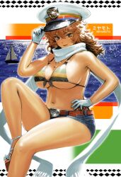  belt belt_buckle bikini bikini_top_only black_bikini blush boat breasts brown_belt brown_eyes brown_hair buckle character_name cowboy_shot denim denim_shorts female front-tie_bikini_top front-tie_top gloves hair_between_eyes hand_on_headwear hat heart_pendant highres horizontal-striped_bikini hott0g111 huge_breasts inset jewelry knee_up lipstick long_scarf looking_past_viewer makeup micro_shorts multicolored_background multicolored_bikini multicolored_clothes navel necklace o-ring o-ring_top ocean original photo_background platform_footwear red_lips red_nails sailor_hat scarf shiny_clothes shiny_skin shorts sitting solo sparkle stomach swimsuit thick_thighs thighs toenails watercraft white_background white_gloves white_scarf wide_hips yellow_bikini 