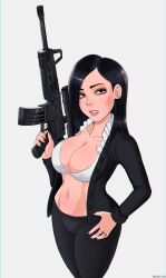  artist_name black_hair black_jacket black_nails black_pants breasts brown_eyes cleavage dana_loesch earrings female grey_background gun highres holding holding_gun holding_weapon jacket jewelry large_breasts long_hair looking_at_viewer navel open_clothes open_jacket pants real_life ring shadman simple_background solo weapon weapon_request 