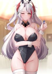  absurdres alternate_costume arm_under_breasts ass_visible_through_thighs azur_lane breasts cleavage closed_mouth cowboy_shot female highres large_breasts long_hair mole mole_on_breast moyoron multicolored_hair one_eye_closed playboy_bunny poker_chip prinz_eugen_(azur_lane) solo streaked_hair thigh_gap thighhighs two_side_up very_long_hair white_hair white_thighhighs wrist_cuffs yellow_eyes 