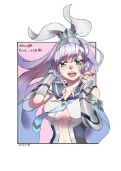  2022 aqua_eyes armored_gloves breasts character_name collarbone dated delphinus_yukino_(saint_seiya:_rising_cosmo) female fingerless_gloves gloves headband highres kusacan1003 large_breasts long_hair navel open_mouth purple_hair sailor_collar saint_seiya saint_seiya:_rising_cosmo smile solo teeth twitter_username upper_body upper_teeth_only white_background 