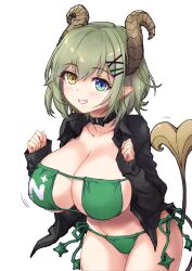  bikini black_shirt blue_eyes blush breasts brown_horns cleavage commentary_request cowboy_shot curled_horns demon_girl demon_horns demon_tail eyepatch_bikini female green_background green_bikini green_hair grin hair_ornament hairclip heterochromia highres horns jyaco large_breasts leaning_forward long_sleeves looking_at_viewer medium_bangs nanashi_inc. open_clothes open_shirt pointy_ears sekishiro_mico shirt short_hair simple_background smile solo swimsuit tail virtual_youtuber white_background yellow_eyes 