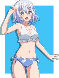  absurdres ass_visible_through_thighs bang_dream! bikini blue_bikini blue_eyes blush border breasts cleavage collarbone commentary english_commentary female fries_vanquisher hair_between_eyes halterneck hand_up highres kurata_mashiro medium_breasts medium_hair navel open_mouth outside_border shadow side-tie_bikini_bottom solo stomach swimsuit white_bikini white_border white_hair 