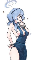  :d absurdres ako_(blue_archive) ako_(dress)_(blue_archive) blue_archive blue_dress blue_eyes blue_hair blue_halo breasts cleavage commentary_request dress evening_gown female halo highres medium_breasts medium_hair official_alternate_costume open_mouth pearlgang_e sideless_dress sideless_outfit simple_background single_handcuff sleeveless sleeveless_dress smile solo thighs white_background 