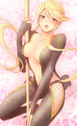  0aoiurn0 black_bodysuit black_gloves blonde_hair blush bodysuit breasts female fishnets full_body gloves kasuga_(sengoku_basara) kneeling medium_breasts navel ninja open_mouth partially_fingerless_gloves pink_background plunging_neckline pole sengoku_basara short_hair_with_long_locks solo teeth upper_teeth_only yellow_eyes 