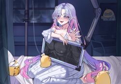  !? absurdres anchor_print azur_lane baby_animal bandaged_head bandages bed bird blue_hair breasts chick cleavage coke-bottle_glasses collarbone commentary curtained_hair female ganj-i-sawai_(azur_lane) ganj-i-sawai_(my_innermost_self)_(azur_lane) glasses gradient_hair hair_between_eyes highres hospital_bed hospital_gown indoors large_breasts long_hair long_sleeves manjuu_(azur_lane) monitor multicolored_hair navel off_shoulder official_alternate_costume on_bed open_clothes open_mouth pink_hair purple_eyes purple_hair shadow sidelocks single_bare_shoulder sitting skrull_06 smile stomach teeth tongue tongue_out untranslatable_commentary upper_teeth_only very_long_hair x-ray x-ray_machine x-ray_vision yokozuwari 