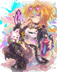  ahoge arielle_(vtuber) black_boots black_collar black_shirt black_shorts blonde_hair blue_eyes boots breasts canine collar commentary_request commission eyewear_on_head female fishnet_pantyhose fishnets grin hair_between_eyes haku_(sabosoda) heart heart_ahoge highres indie_virtual_youtuber large_breasts long_hair looking_at_viewer midriff multicolored_hair pantyhose rainbow_hair shirt shorts skeb_commission smile solo sparkle spray_can strapless torn_clothes torn_shirt triangular_eyewear tube_top v virtual_youtuber white_tube_top 