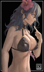  aldafera_art bikini black_background black_bikini black_border blue_eyes blue_hair border breasts cleavage commentary english_commentary female female_byleth_(fire_emblem) female_byleth_(summer)_(fire_emblem) fire_emblem fire_emblem:_three_houses fire_emblem_heroes flower hair_flower hair_ornament hibiscus highres large_breasts looking_at_viewer navel official_alternate_costume outside_border red_flower simple_background smile solo stomach swimsuit upper_body 