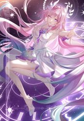  absurdres aqua_hair breasts chinese_commentary commentary_request cyrene_(demiurge)_(honkai:_star_rail) cyrene_(honkai:_star_rail) diamond-shaped_pupils diamond_(shape) female fengzianchui flower hair_flower hair_ornament halo high_heels highres honkai:_star_rail honkai_(series) large_breasts long_hair looking_at_viewer multicolored_hair pink_hair purple_eyes sky solo star_(sky) starry_sky symbol-shaped_pupils very_long_hair white_hair 