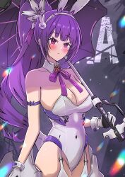  absurdres animal_ear_hairband animal_ears backsine bare_shoulders blush breasts character_name closed_mouth fake_animal_ears female flora_(fairy_rabbit)_(nikke) flora_(nikke) garter_straps gloves goddess_of_victory:_nikke hair_ornament hairband highres holding holding_umbrella large_breasts leotard long_hair official_alternate_costume playboy_bunny ponytail purple_eyes purple_hair purple_ribbon rabbit_ear_hairband rabbit_ears ribbon solo thighhighs umbrella white_garter_straps white_leotard white_thighhighs 