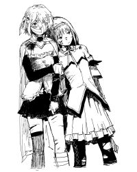  2girls akemi_homura akemi_homura_(magical_girl) bandage_on_face bandage_over_one_eye bandages bruise cape commentary_request detached_collar dress fortissimo frilled_skirt frills greyscale hair_ornament hair_ribbon hairclip hand_on_own_arm headband highres injury korean_commentary krisjennnnn leaning_on_person long_hair long_sleeves looking_afar looking_to_the_side magical_girl mahou_shoujo_madoka_magica mahou_shoujo_madoka_magica:_walpurgis_no_kaiten medium_hair miki_sayaka miki_sayaka_(magical_girl) miniskirt monochrome multiple_girls musical_note musical_note_hair_ornament off-shoulder_dress off_shoulder pantyhose ribbon sidelocks skirt standing torn_clothes torn_pantyhose white_background 