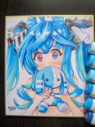 @_@ absurdres ahoge animal_ears aqua_hair art_tools_in_frame bikini black_nails blue_eyes blue_hair blush bow commentary_request covering_own_mouth crossed_bangs dated dosukoi_taiko female hairbow heterochromia highres holding holding_stuffed_toy horse_ears horse_girl looking_at_viewer marker_(medium) multicolored_hair nail_polish purple_eyes shikishi sidelocks signature striped_bow stuffed_animal stuffed_rabbit stuffed_toy swimsuit traditional_media twin_turbo_(umamusume) twintails two-tone_hair umamusume upper_body 