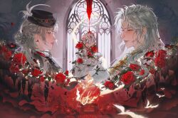  1boy alternate_hair_length_(longer) alternate_hairstyle armor artist_name asymmetrical_armor black_dress blood blood_on_face blood_on_hand braid commentary dark_datura_(love_and_deepspace) dragon_boy dragon_girl dragon_tail dress dual_persona ear_chain earrings elbow_gloves english_commentary falling female flower flower_earrings frilled_shirt_collar frilled_sleeves frills from_side gloves grey_eyes grey_hair hair_bun half_up_braid hat_feather highres holding_hands jewelry linked_piercing long_hair long_sleeves looking_at_another love_and_deepspace nose oerba_yun_fang official_alternate_costume parted_bangs parted_lips piercing profile projected_inset protagonist_(love_and_deepspace) red_flower red_rose rose shaiih_heladu sidelocks silver_earrings sylus_(abyssal_sovereign)_(love_and_deepspace) sylus_(love_and_deepspace) sylus_(silverwing_fiend)_(love_and_deepspace) tail vampire very_long_hair white_gloves white_hair white_tailcoat 