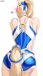  animal_ears ass blue_one-piece_swimsuit commentary female from_behind heart high_ponytail highres horse_ears horse_girl horse_tail long_hair official_alternate_costume one-piece_swimsuit ponytail sigrid_de_l'azur sigrid_de_l'azur_(majestic_wavechaser) simple_background solo spoken_heart swimsuit tail two-tone_one-piece_swimsuit white_background white_one-piece_swimsuit zealyush zenless_zone_zero 
