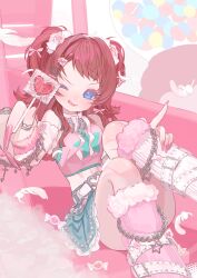 :q ;q absurdres alternate_costume asymmetrical_legwear bare_shoulders belt blue_eyes blue_skirt blush bow bowtie breasts candy candy_hair_ornament chain_bracelet chain_necklace chains charm_(object) cocked_eyebrow commentary_request couch crop_top detached_sleeves falling_feathers feathers feet_out_of_frame female fingernails food food-themed_hair_ornament foreshortening fur-trimmed_legwear fur-trimmed_sleeves fur_trim gakuen_idolmaster hair_intakes hair_ornament hair_scrunchie hairbow hanami_saki hand_on_own_leg head_tilt heart heart-shaped_food heart-shaped_lollipop heart_necklace highres holding holding_candy holding_food holding_lollipop idolmaster index_finger_raised jewelry kneehighs knees_up lollipop long_fingernails long_hair long_sleeves looking_at_viewer medium_breasts midriff miniskirt mismatched_legwear mismatched_socks nail_polish necklace on_couch one_eye_closed outstretched_arm partial_commentary pearl_necklace pink_bow pink_nails pink_scrunchie pink_socks pink_tank_top reclining red_hair ribbon scrunchie shaped_lollipop skirt sleeves_past_wrists socks solo star_(symbol) star_hair_ornament swept_bangs tank_top tongue tongue_out two_side_up very_long_fingernails white_belt white_bow white_bowtie white_feathers white_ribbon white_sleeves white_socks wrapped_candy yuusuke_(yyy_xp) 