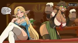  2girls absurdres bare_shoulders beer_mug blonde_hair blush borrowed_character breasts cleavage collarbone cup dark-skinned_female dark_elf dark_skin detached_sleeves dirndl dress elf fingerless_gloves german_clothes gloves green_eyes high_elf_(jonathan_p.t._arts) highres hime_cut huge_breasts kiddarus long_hair long_pointy_ears mug multiple_girls original pointy_ears tavern thighhighs very_long_hair wood_elf_(jonathan_p.t._arts) 