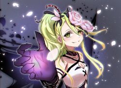  armpit_crease bare_shoulders black_petals black_ribbon blush breasts canon_event claws cleavage_cutout close-up clothing_cutout commentary_request dark_background deathpolca deathpolca_(apostle) demon_girl demon_wings demons_roots demons_roots_(series) detached_collar english_commentary falling_petals female floating_hair flower gloves gradient_hair green_eyes green_hair hair_flower hair_ornament hair_ribbon hand_focus high_side_ponytail highres implied_yuri long_hair looking_at_another looking_at_viewer midriff_peek mixed-language_commentary multicolored_hair orange_hair petals ribbon rose side_ponytail sidelocks small_breasts smile solo uof white_petals wings x_(symbol) 