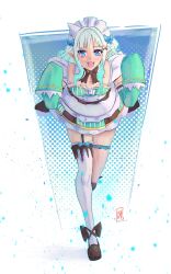  absurdres blue_eyes boutsoftheblind bow female gradient_hair green_hair green_sleeves hair_ornament hairbow highres indie_virtual_youtuber long_hair looking_at_viewer maid maid_headdress mint_fantome multicolored_hair pointy_ears single_thighhigh sleeves_past_fingers sleeves_past_wrists solo thigh_strap thighhighs thighs tongue tongue_out triangular_headpiece virtual_youtuber white_hair white_thighhighs x_hair_ornament 
