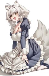  absurdres animal_ears apron astrae_oratio breasts choker commentary fangs female fluffy_tail frilled_choker frills highres lifted_by_tail looking_at_viewer maid mung_(larnec) sakuba_yuki simple_background sitting tail wand white_apron white_background wolf_ears wolf_girl wolf_tail yellow_eyes 