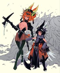  2girls animal_ear_piercing animal_ears animal_feet animal_hands axe bag baggy_pants battle_axe belt belt_buckle black_gloves black_hair black_leotard black_thighhighs breasts buckle clothing_cutout commentary gloves gradient_hair hair_intakes hair_ornament hammer hat highres holding holding_weapon juliet_sleeves large_breasts leotard long_hair long_sleeves monster multicolored_hair multiple_girls navel_cutout now_drawing nurse_cap orange_hair original pants pantyhose puffy_sleeves satchel small_breasts tail thighhighs untranslatable_commentary very_long_hair war_hammer weapon white_background white_hair 