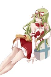  absurdres ahoge bow breasts christmas christmas_present closed_mouth dress english_commentary female gift green_eyes green_hair hairbow highres honkai_(series) honkai_impact_3rd mobius_(honkai_impact) red_bow red_dress simple_background small_breasts solo tongue tongue_out unique-blueberry white_background white_sleeves 