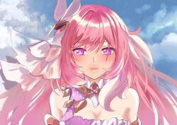 bare_shoulders blue_sky breasts chocola_s cleavage commentary corset diamond-shaped_pupils diamond_(shape) elysia_(herrscher_of_human:_ego)_(honkai_impact) elysia_(honkai_impact) english_commentary female hair_ornament honkai_(series) honkai_impact_3rd large_breasts long_hair looking_at_viewer multicolored_hair pink_hair portrait purple_eyes sky solo symbol-shaped_pupils triquetra two-tone_hair white_corset white_hair 