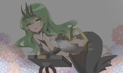  absurdres black_dress black_gloves breasts chinese_commentary claw_ring cleavage cleavage_cutout closed_mouth clothing_cutout commentary_request crown dress earrings female gloves green_eyes green_hair grey_background highres honkai_(series) honkai_impact_3rd jewelry long_hair looking_at_viewer medium_breasts mobius_(honkai_impact) single_earring single_sleeve smile solo unique-blueberry 