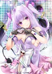  >:) akatsuki_hijiri arm_strap bare_shoulders black_gloves blunt_bangs blush bow bracelet breasts chinese_clothes closed_mouth clothing_cutout commentary_request covered_navel cowboy_shot demon_girl demon_horns demon_tail demon_wings dress female floral_print floral_print_dress four-finger_heart_hands frilled_arm_strap glint gloves hair_ribbon hands_up head_tilt heart heart-shaped_pupils heart_bracelet heart_cutout heart_hands heart_in_heart_hands highres horns huge_bow idol idol_clothes jewelry large_breasts long_hair looking_at_viewer miniskirt no_bra oerba_yun_fang pink_ribbon pink_skirt pleated_skirt print_dress purple_dress purple_eyes purple_hair qipao ribbon signature skin_fang skirt sleeveless sleeveless_dress smile solo stage symbol-shaped_pupils tail tama_project two_side_up underboob v-shaped_eyebrows virtual_youtuber white_bow wings yumetogi_rian 
