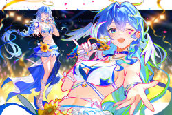  absurdres bikini blue_hair blue_nails breasts chinese_commentary cleavage closed_eyes commentary_request female flower full_body green_eyes hair_ornament halo head_wings high_heel_sandals high_heels highres holding holding_microphone honkai:_star_rail honkai_(series) jewelry large_breasts leg_wrap long_hair looking_at_viewer microphone navel necklace official_alternate_costume one_eye_closed open_mouth outstretched_arm outstretched_hand projected_inset robin_(honkai:_star_rail) robin_(summeretto)_(honkai:_star_rail) sandals sarong shangguan_wanyu singing solo stage stage_lights starfish_hair_ornament sunflower swimsuit upper_body very_long_hair white_bikini white_wings wings yellow_nails 