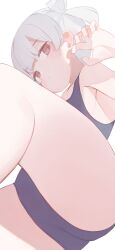  ass ass_focus bare_arms bare_legs bare_shoulders blunt_bangs blush breasts closed_mouth commentary feet_out_of_frame female foreshortening grey_hair hair_between_eyes hair_ribbon highres hiroki_(yyqw7151) knees_up legs_up long_hair looking_at_viewer lying on_back one-piece_swimsuit original red_eyes ribbon school_swimsuit sidelocks simple_background sleeveless small_breasts solo swimsuit thighs white_background white_hair 