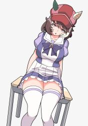  absurdres animal_ears breasts brown_hair commentary daniboytm desk ears_through_headwear female hair_between_eyes highres horse_ears horse_girl large_breasts looking_at_viewer marche_lorraine_(umamusume) medium_hair mismatched_ear_covers multicolored_hair on_desk parted_lips pink_eyes puffy_short_sleeves puffy_sleeves purple_shirt sailor_collar sailor_shirt school_uniform shirt short_sleeves sitting skirt solo streaked_hair thick_thighs thighhighs thighs tracen_school_uniform umamusume white_skirt white_streaks white_thighhighs 