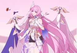  absurdres animal_on_shoulder bare_shoulders bell bird bird_on_hand bird_on_shoulder black_shorts blue_jay breasts chinese_commentary commentary_request corset diamond-shaped_pupils diamond_(shape) elysia_(herrscher_of_human:_ego)_(honkai_impact) elysia_(honkai_impact) female gloves heibai_aixin_bingjiling highres honkai_(series) honkai_impact_3rd large_breasts long_hair looking_at_viewer pink_hair purple_eyes short_shorts shorts smile solo symbol-shaped_pupils thighs veil very_long_hair white_corset white_hair white_veil 