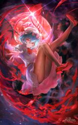  absurdres artist_name ascot back_bow bat_wings blood blue_hair bow brown_pantyhose commentary commission english_commentary female full_body full_moon hair_between_eyes hat hat_ribbon hemokinesis highres looking_at_viewer medium_hair mixed-language_commentary mob_cap moon nekondx pantyhose pink_hat pink_shirt pink_skirt puffy_short_sleeves puffy_sleeves red_ascot red_bow red_eyes red_moon red_shoes remilia_scarlet ribbon shirt shoes short_sleeves skirt skirt_set solo thighs touhou wings 