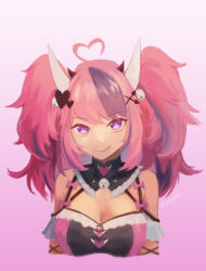  ahoge aragiken bell breasts cleavage demon_girl demon_horns female hair_bell hair_ornament heart heart_ahoge highres horns ironmouse looking_at_viewer multicolored_hair pink_hair purple_eyes purple_hair smile solo streaked_hair twintails virtual_youtuber vshojo white_horns 
