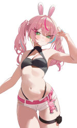  :3 animal_ears armpits bare_arms bare_shoulders belt bikini black_bikini blue_nails breasts cleavage cleavage_cutout closed_mouth clothing_cutout commentary_request cowboy_shot female green_eyes hair_ornament hanako_nana hand_up highleg highleg_bikini highres korean_commentary long_hair looking_at_viewer micro_shorts multicolored_hair nail_polish navel pink_hair rabbit_ears rahwol177 shorts simple_background small_breasts smile solo stellive stomach streaked_hair string_bikini swimsuit thigh_strap twintails virtual_youtuber white_background white_shorts x_hair_ornament 