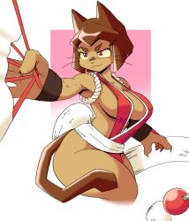  alternate_costume animal_ears body_fur breasts brown_fur brown_hair cat_ears cat_girl cat_tail cleavage closed_mouth commentary cosplay english_commentary female furry furry_female gameoverse hand_fan highres holding holding_fan kit_bodega large_breasts looking_at_viewer no_bra noir_(noirchaton) paper_fan pink_eyes shiranui_mai shiranui_mai_(cosplay) smile solo tail the_king_of_fighters 