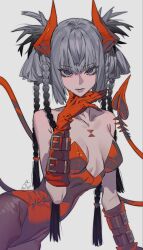  black_hair blue_eyes braid breasts collarbone elbow_gloves female gloves gradient_hair grey_hair hair_between_eyes highres horns hourglass leotard long_hair looking_at_viewer multicolored_hair now_drawing original pantyhose red_gloves red_leotard sidelocks simple_background sleeveless solo spiked_tail tail very_long_braid very_long_hair white_background 