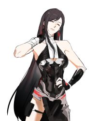  absurdres bandaged_arm bandages bare_shoulders black_cape black_gloves black_hair black_leotard breasts cape cleavage cleavage_cutout closed_eyes closed_mouth clothing_cutout collarbone cowboy_shot earrings female final_fantasy final_fantasy_vii final_fantasy_vii:_ever_crisis fingerless_gloves gloves hand_on_own_hip hand_on_own_neck highres jewelry large_breasts leotard long_hair official_alternate_costume side_cape solo swept_bangs thigh_strap tifa_lockhart tifa_lockhart_(zangan's_initiate) very_long_hair wa6gma waist_cape white_background 