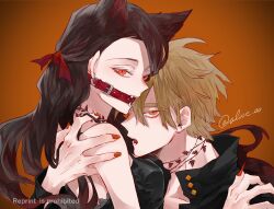  agatsuma_zenitsu alase_00 animal_ears bare_shoulders black_hair blonde_hair collar covered_mouth earrings fingernails gag hair_ribbon highres improvised_gag jewelry kamado_nezuko kimetsu_no_yaiba long_hair neck_tattoo orange_eyes red_collar red_eyes ribbon sharp_fingernails sharp_teeth tattoo teeth 