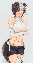  abs absurdres alternate_costume animal_ears arm_under_breasts bare_shoulders black_shorts blush breasts brown_hair chronoval commentary_request cowboy_shot crop_top detached_sleeves ear_ornament earrings embarrassed female flying_sweatdrops garter_straps grey_background grey_garter_straps grey_hair grey_sweater groin highres horse_ears horse_girl horse_tail jewelry large_breasts looking_at_viewer lowleg lowleg_shorts mejiro_ryan_(umamusume) multicolored_hair navel nose_blush parted_lips purple_eyes revealing_clothes ribbed_sleeves ribbed_thighhighs short_hair shorts simple_background sleeveless sleeveless_sweater sleeves_past_wrists solo spoken_blush stomach sweater tail thighhighs toned toned_female trembling two-tone_hair umamusume underboob virgin_destroyer_sweater 