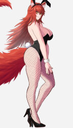  absurdres alternate_costume animal_ears black_leotard black_shoes breasts cleavage closed_mouth fake_animal_ears female fishnet_thighhighs fishnets high_heels highres large_breasts leotard long_hair looking_at_viewer meibin playboy_bunny rabbit_ears red_hair shoes socks_agency solo strapless strapless_leotard tail thighhighs virtual_youtuber white_wrist_cuffs wolf_ears wolf_girl wolf_tail wrist_cuffs yellow_eyes zentreya 