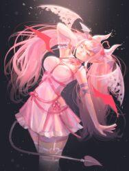  absurdres ahoge breasts cleavage demon_girl demon_horns demon_tail demon_wings dress female hair_ornament head_wings heart heart_ahoge heart_hair_ornament highres horns ironmouse ironmouse_(demon_form) jean_faymas_(artist) long_hair looking_at_viewer multicolored_hair pink_hair pointy_ears purple_hair red_eyes solo streaked_hair tail thighhighs twintails virtual_youtuber vshojo white_horns white_thighhighs wings 