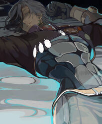  1boy abs absurdres arm_up belt black_hair black_jacket boothill_(honkai:_star_rail) commentary_request cropped_jacket cyborg dutch_angle grey_hair grey_pants hair_over_one_eye highres honkai:_star_rail honkai_(series) jacket lying male_focus mrsw0911 multicolored_hair on_back one_eye_covered pants parted_hair sheriff_badge solo zipper_pull_tab 