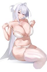  absurdres bra breasts cleavage collarbone commentary_request cropped_legs female full_cleavage grey_hair highres invisible_chair large_breasts long_hair looking_at_viewer navel panties parted_lips pointy_ears purple_eyes sitting smile solo thighhighs underwear velina_airgid white_bra white_panties white_thighhighs xiangzuo_zhi zenless_zone_zero 