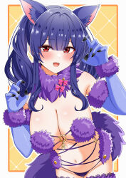  absurdres animal_ears azur_lane breasts commentary commission cosplay elbow_gloves fate/grand_order fate_(series) female fur-trimmed_gloves fur-trimmed_legwear fur-trimmed_thighhighs fur_bikini fur_collar fur_trim gloves halloween_costume highres lace-trimmed_thighhighs lace_trim large_breasts long_hair looking_at_viewer mash_kyrielight mash_kyrielight_(dangerous_beast) mash_kyrielight_(dangerous_beast)_(cosplay) navel next_tomountain o-ring o-ring_top pola_(azur_lane) purple_gloves purple_hair purple_tail purple_thighhighs red_eyes revealing_clothes skeb_commission solo tail thighhighs twintails wolf_ears wolf_tail 