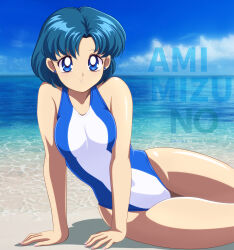  anime_coloring arm_support bare_arms bare_shoulders beach birthday bishoujo_senshi_sailor_moon blue_eyes blue_hair blue_sky breasts character_name closed_mouth cloud commentary_request cowboy_shot day earrings female highres jewelry looking_at_viewer medium_breasts mizuno_ami ocean on_ground one-piece_swimsuit outdoors pirochi short_hair sitting sky smile solo stud_earrings swimsuit thick_thighs thighs water watermark 