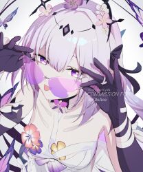  asymmetrical_gloves bare_shoulders black_gloves breasts castorice_(honkai:_star_rail) colored_inner_hair commentary detached_collar dress english_commentary female flower gloves grey_hair highres honkai:_star_rail honkai_(series) looking_at_viewer medium_breasts medium_hair multicolored_hair notcy4n pointy_ears purple-tinted_eyewear purple_eyes purple_hair smile sunglasses tiara tinted_eyewear tongue tongue_out white_dress 