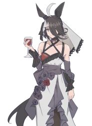  ahoge alcohol animal_ears bare_shoulders black_flower black_hair black_rose choker collarbone commentary cup detached_sleeves dress dress_flower drinking_glass ear_ornament female flower frilled_veil grey_veil hair_between_eyes highres holding holding_cup horse_ears horse_girl lace-trimmed_choker lace_trim long_hair_between_eyes looking_at_viewer manhattan_cafe_(mysterious_rose)_(umamusume) manhattan_cafe_(umamusume) mrggguyyy multicolored_hair red_wine ribbon rose simple_background solo two-tone_flower umamusume untranslatable_commentary veil waist_ribbon white_background white_dress white_ribbon wine wine_glass yellow_eyes 