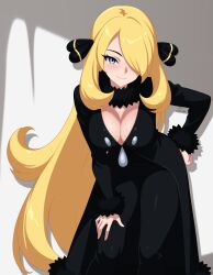  absurdres black_coat black_collar black_pants blonde_hair breasts cleavage closed_mouth coat collar commentary commission cynthia_(pokemon) eyelashes female fur-trimmed_coat fur_collar fur_trim grey_eyes hair_ornament hair_over_one_eye hand_on_own_hip hand_on_own_thigh highres leaning_forward long_hair long_sleeves pants pokemon pokemon_diamond/pearl/platinum smile solo su1zide 